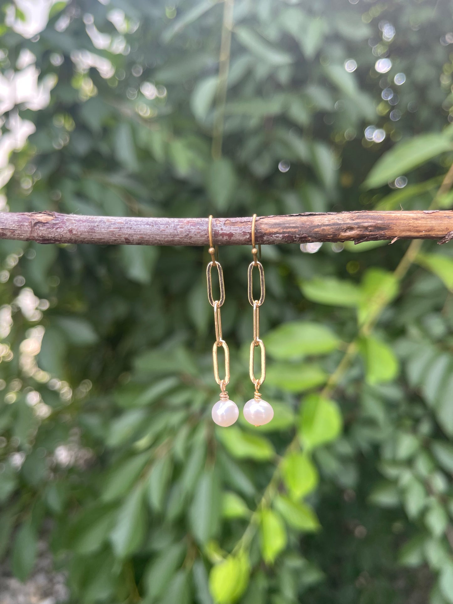 Paper Clip Earrings -Gold with Freshwater Pearls