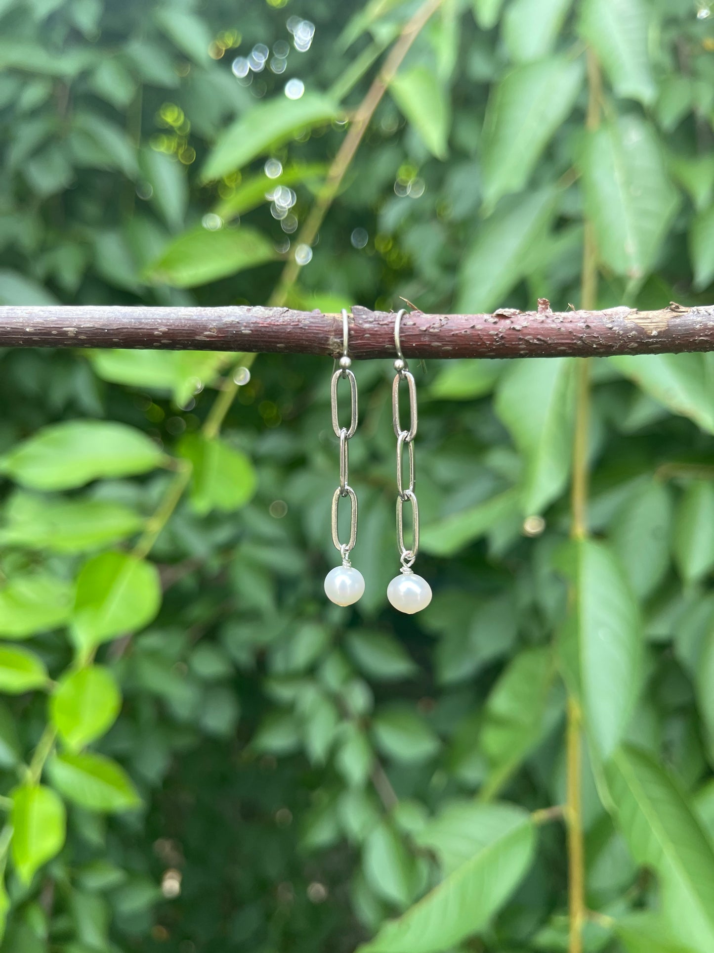 Paper Clip Earrings - Antique Silver with Freshwater Pearls