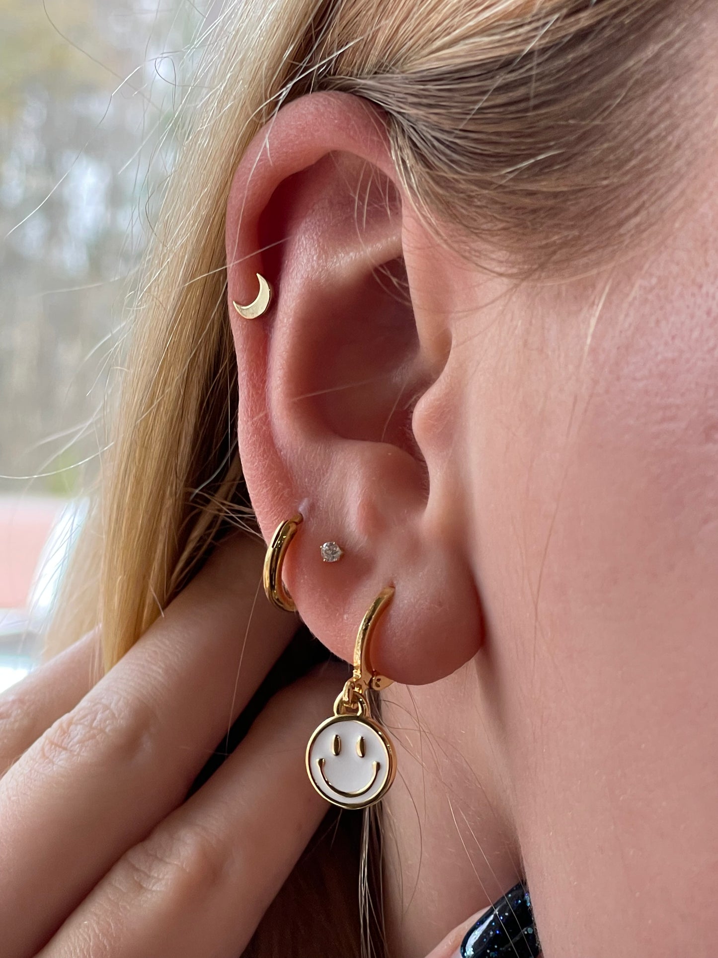 Mini Enamel Smiley Face Hoop Earrings - White