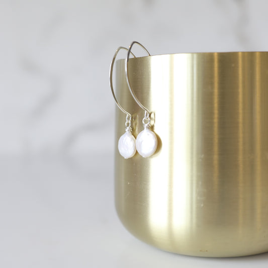 Silver Patience and Strength Hoop Earrings with Fresh Water Pearls