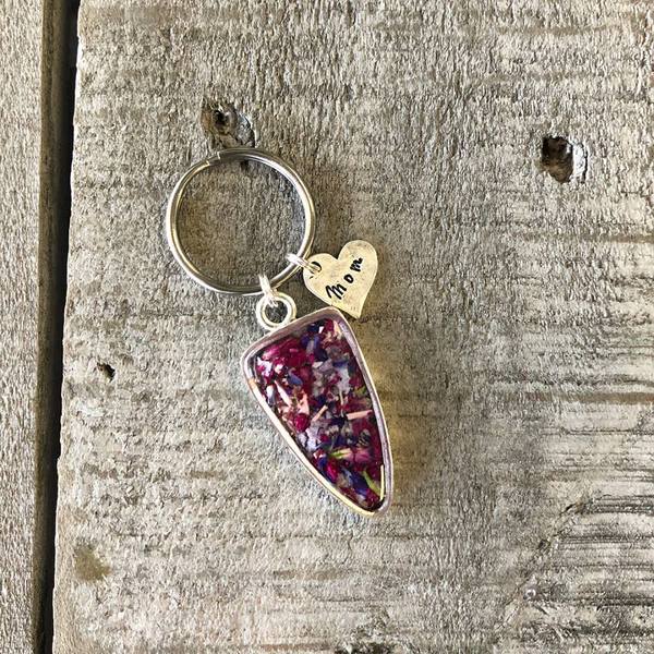 Memory Flower Shield Keychain with Hand Stamped Charm